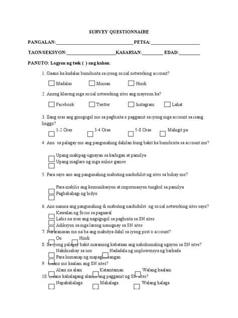 survey questionnaire tagalog|SURVEY QUESTIONNAIRE (Glance) Filipino .